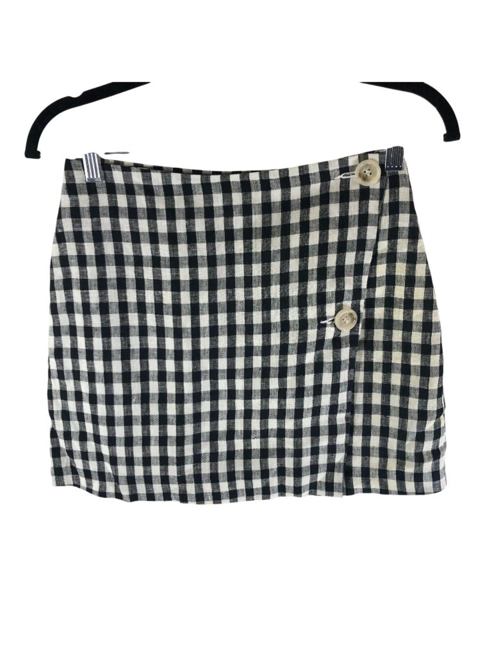 Storets Gingham Linen Mini Wrap Skirt With Button Detail Black & White S